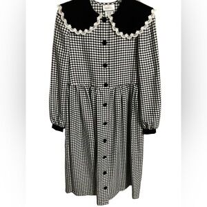 VTG Bonnie Jean Girls Black Check Gigham Party Dress Velvet Lace Collar Size 16